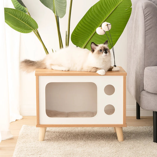 Mewoofun TV Shape Wooden Cat Bed