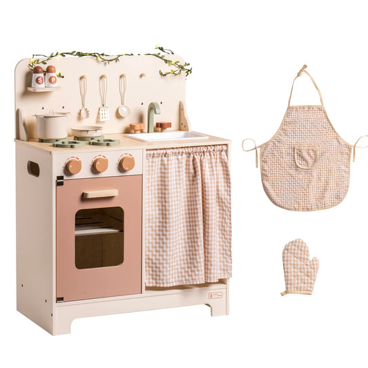 ROBUD Rustic Wooden Play Kitchen with Leaf Light String WCF11